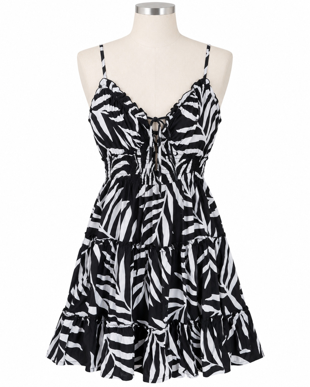 Women's Zebra Print Tiered Ruffle Mini Dress Lace Up Sundress Black/White Small
